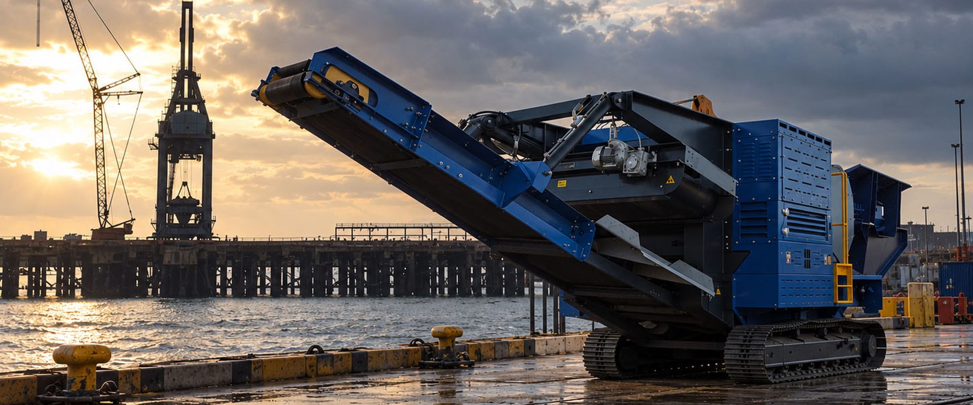 JTEC 1063 tracked jaw crusher on the quayside, ready for export